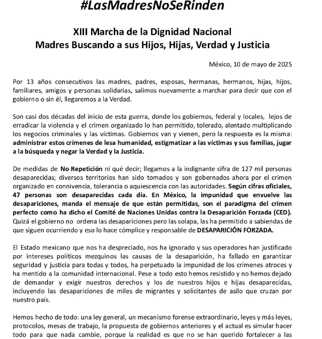 Las madres no se rinden: dignidad, verdad y justicia en la XIII Marcha Nacional